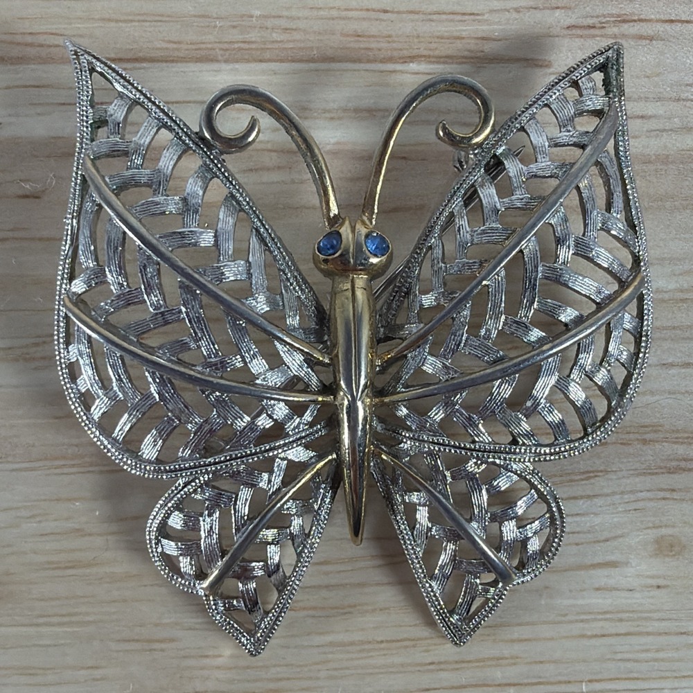 Avon Butterfly Pin Brooch Silver Gold Tone With Blue Rhinestone Eyes Vintage